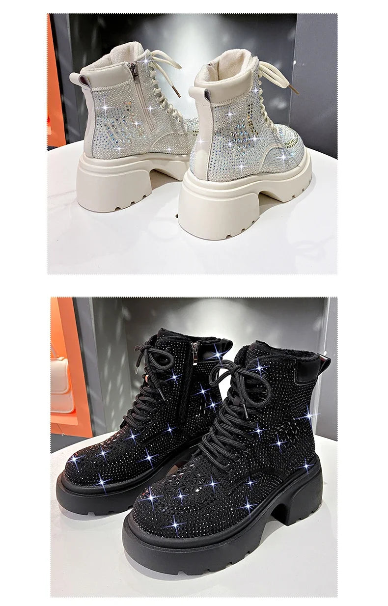 Stivaletti corti con diamanti con paillettes Donna Autunno Inverno Moda di lusso Stivali alti con tacco spesso Stivali stringati Scarpe casual da festa all'aperto