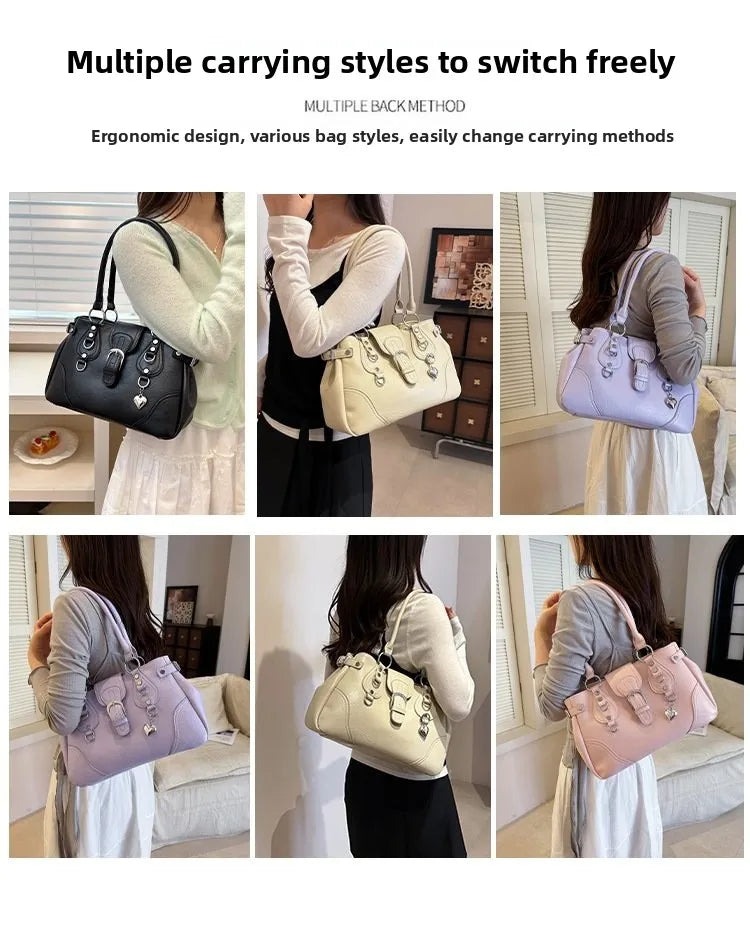 Borsa a Tracolla alla Moda Nuovo Stile 2026, Borsa a Mano Semplice per il Pendolarismo, Versatile con Elementi Rivetto Tinta Unita, Stile Coreano
