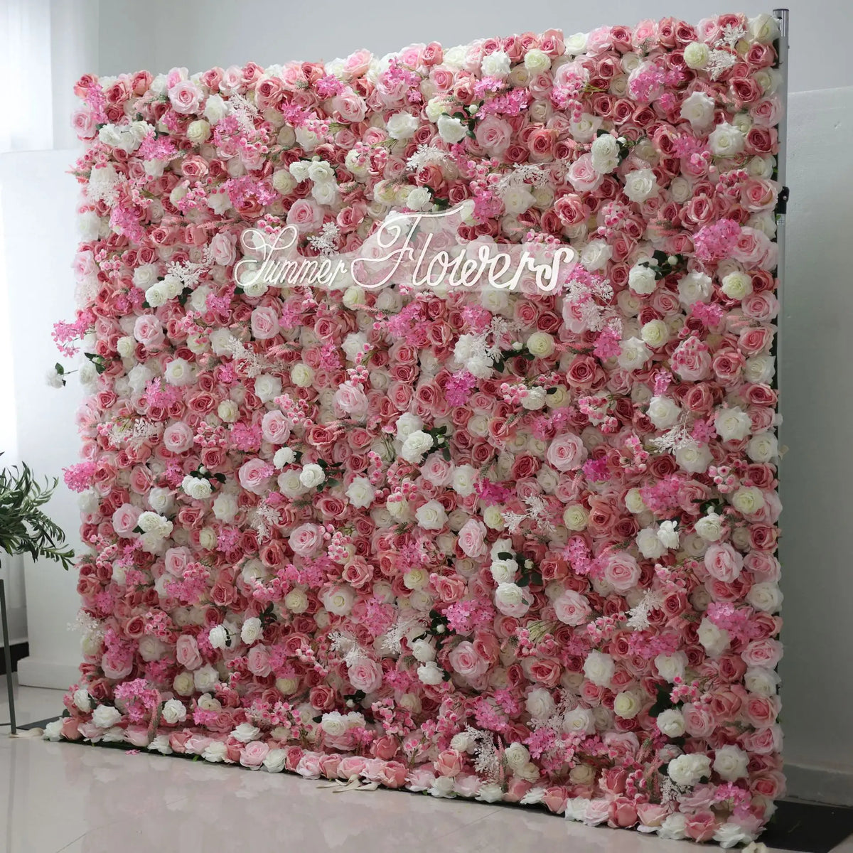 Uflower Custom Deluxe 3D Pink White Roses Artificial Flower Wall Outdoor Wedding Background Decoration Birthday Event Stage