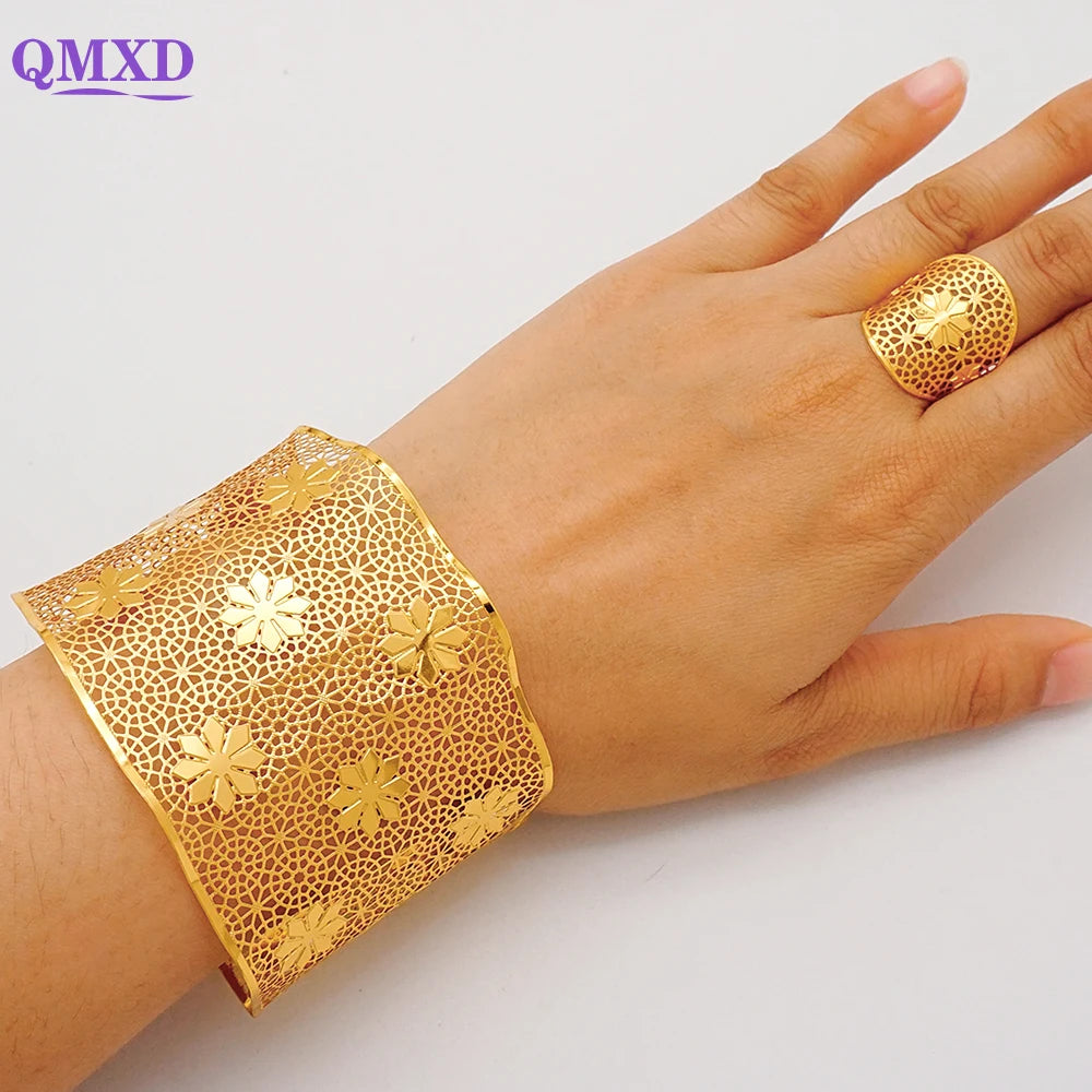 Bracciale color oro Dubai con anello per donna Bracciale con polsino a catena con ciondoli Bracciale indiano Arabo Francia Regali di gioielli da sposa