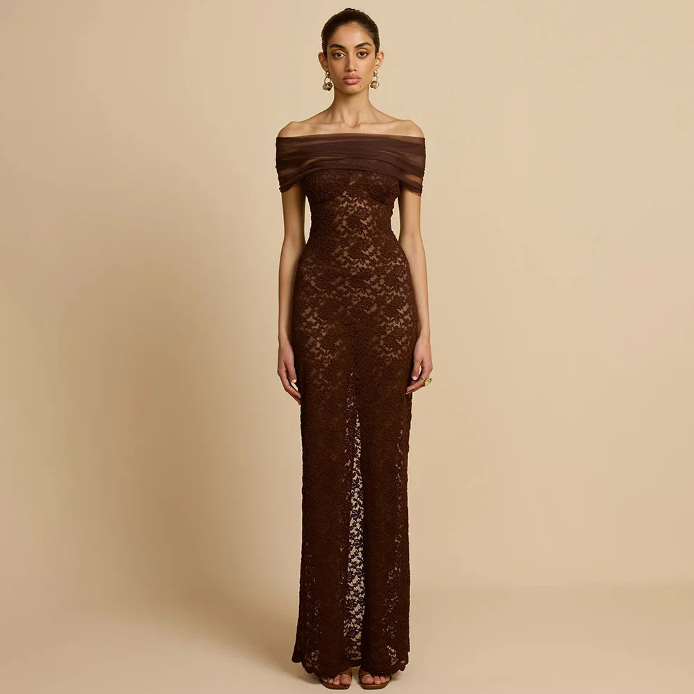 Apprabant Donne 2025 Nuovo Off Spalla Sirena Abito Da Sera Sexy Sheer Lace Patchwork Maglia Sottile Abito Lungo Elegante Partywear