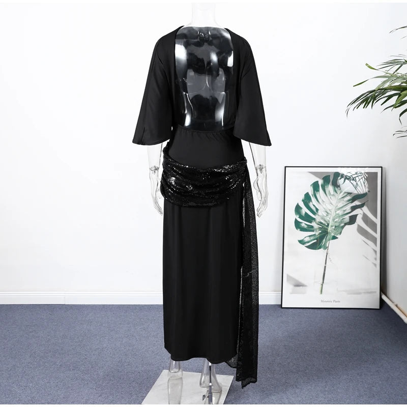 Sexy profondo scollo a V patchwork di pizzo con paillettes abito lungo da donna sottile senza maniche backless hip pacchetto abiti 2026 primavera abito da festa della signora