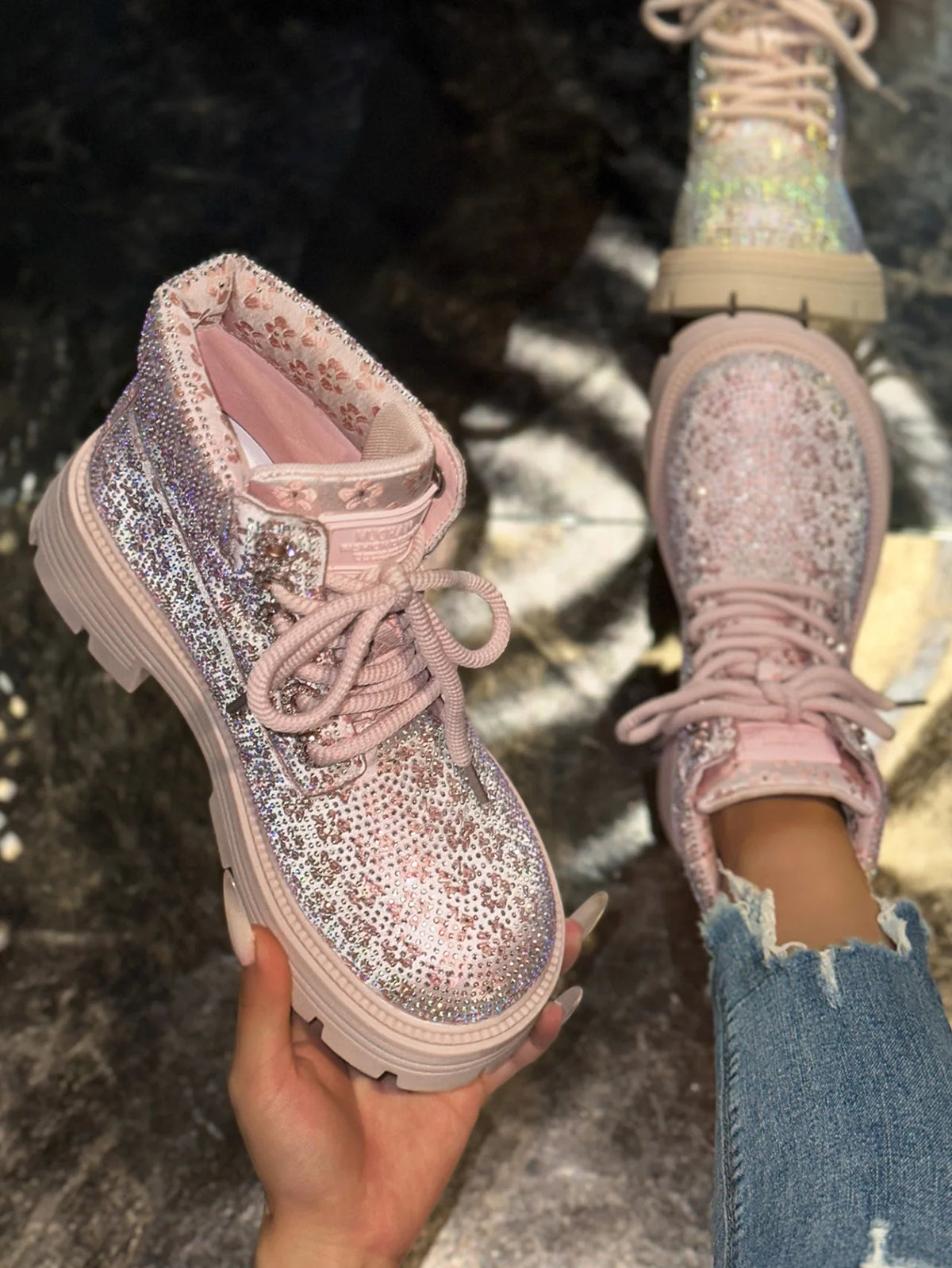 Stivaletti Retrò Autunno Inverno Nuovi con Strass e Lacci Punta Tonda Plateau Scarpe da Donna Taglie Grandi