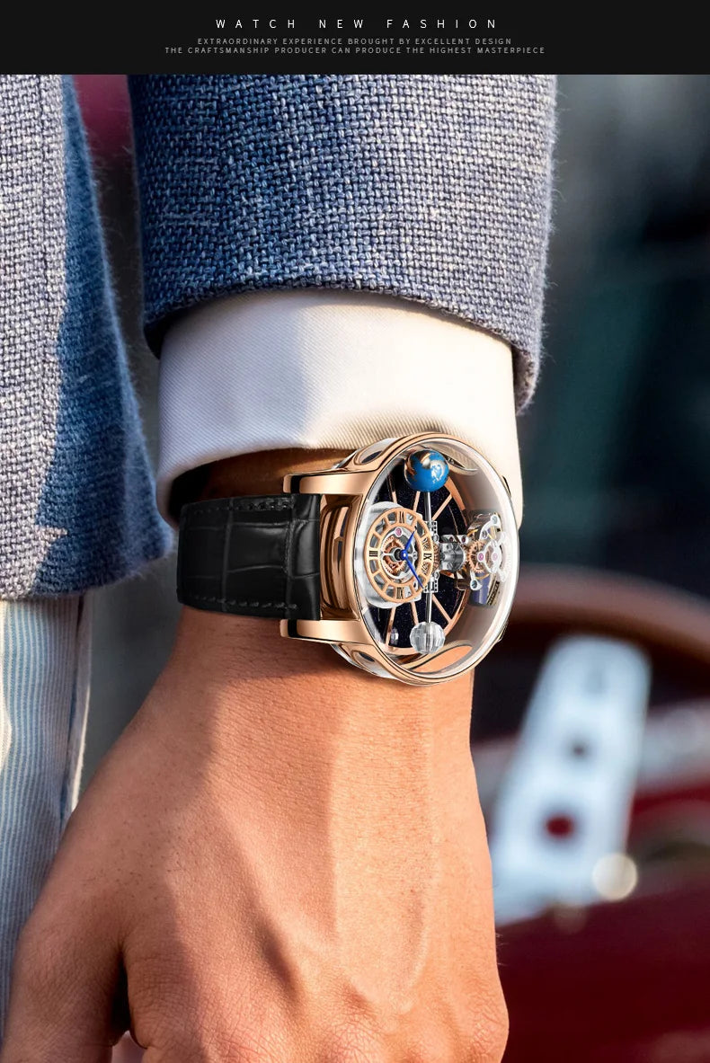 2024 HAEMMER Astronomia Orologio da uomo Custodia trasparente Design Orologio al quarzo in pelle da uomo Regolazione del tempo Jacob Relogio Impermeabile