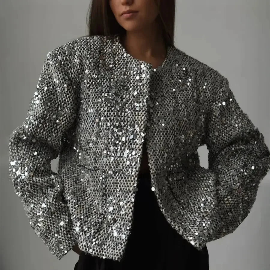 Giacca Corta da Donna Chic con Paillettes Argento, Cardigan Casual con Collo Tondo, Maniche Lunghe e Tasche, Elegante Cappotto Autunnale da Donna