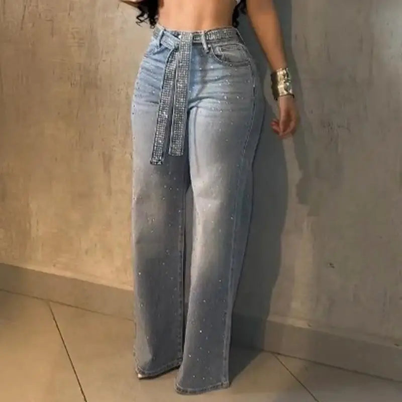 Jeans da Donna a Vita Alta con Strass, Gamba Larga, Lavaggio Chiaro, Pantaloni in Denim Scintillanti a Gamba Dritta