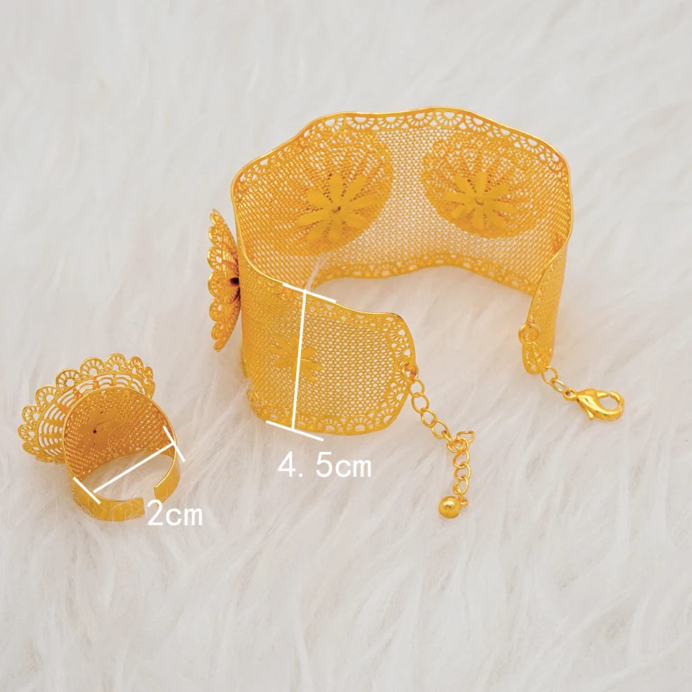 Bracciale color oro Dubai con anello per donna Bracciale con polsino a catena con ciondoli Bracciale indiano Arabo Francia Regali di gioielli da sposa