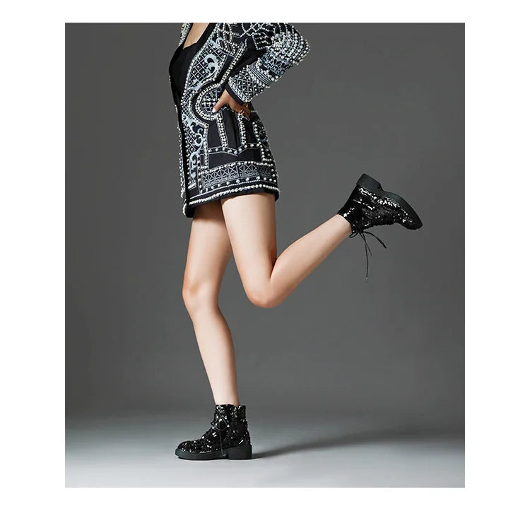 Donna Autunno Inverno Stivaletti 2024 Tendenza Comfort Casual Hip-Hop Scarpe da ballo con paillettes Club Party Donna Stivaletti stringati