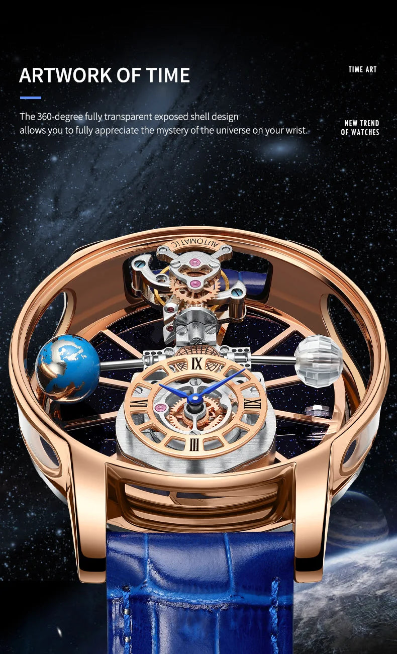 2024 HAEMMER Astronomia Orologio da uomo Custodia trasparente Design Orologio al quarzo in pelle da uomo Regolazione del tempo Jacob Relogio Impermeabile