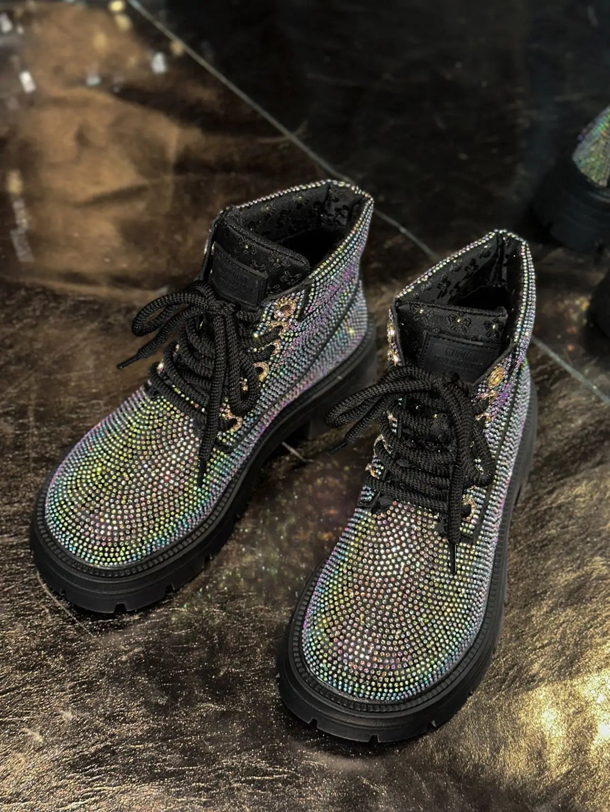 Stivaletti Retrò Autunno Inverno Nuovi con Strass e Lacci Punta Tonda Plateau Scarpe da Donna Taglie Grandi