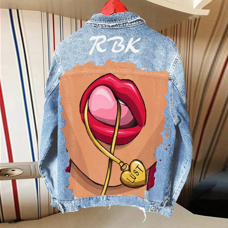 Stylegiacca di jeans da donna 2024 nuova stampa da donna Fashion Street Girl giacca di jeans manica lunga con risvolto spalla scesa autunno e Wint