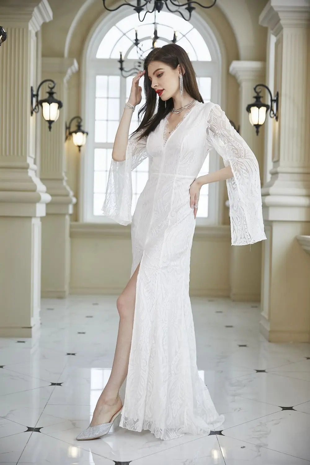 Abito in Pizzo da Donna Primavera Estate, Vestito da Damigella d'Onore, Abito da Sera per Ospiti di Matrimonio, Manica Lunga, Scollo a V, Aderente, Bordeaux