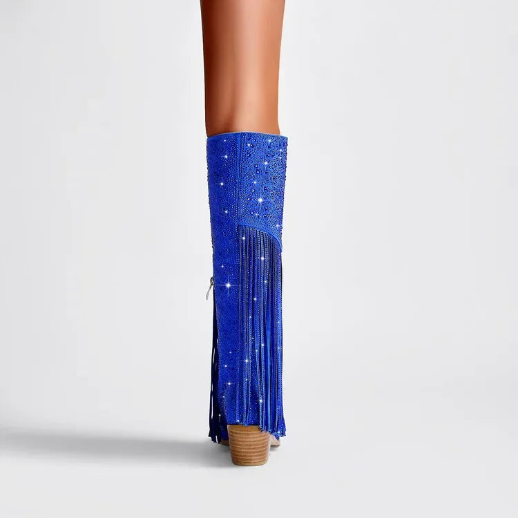 2024 nuovi stivali Chelsea al ginocchio con strass con cerniera nappe a punta moda lucida stivali da donna europei e americani 35-43