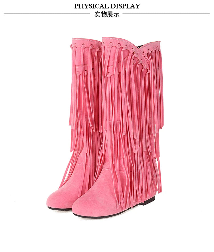 2025 Nuovi stivali alti Donna Bohemian Flock Nappa Stivali a metà polpaccio Stivaletti con zeppa Autunno Inverno Scarpe casual etniche zapatos de mujer