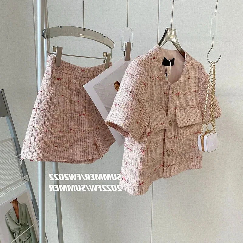 Set di pantaloncini 2 pezzi Completi da donna O Collo Giacca di tweed rosa Femme Crop Cardigan Top Cappotto coreano Pantalone corto