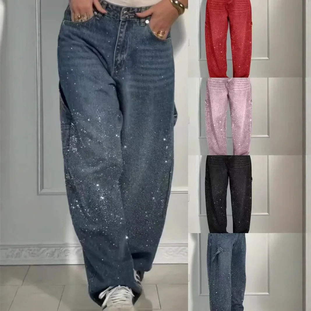 Jeans da Donna a Vita Alta con Strass, Gamba Larga, Lavaggio Chiaro, Pantaloni in Denim Scintillanti a Gamba Dritta