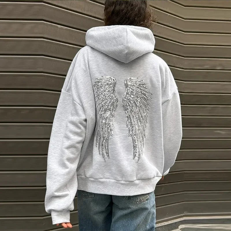 Felpa Oversize con Cappuccio Ricamata con Ali d'Angelo Luccicanti per Donne, Stile Y2K Retrò Grigio Casual