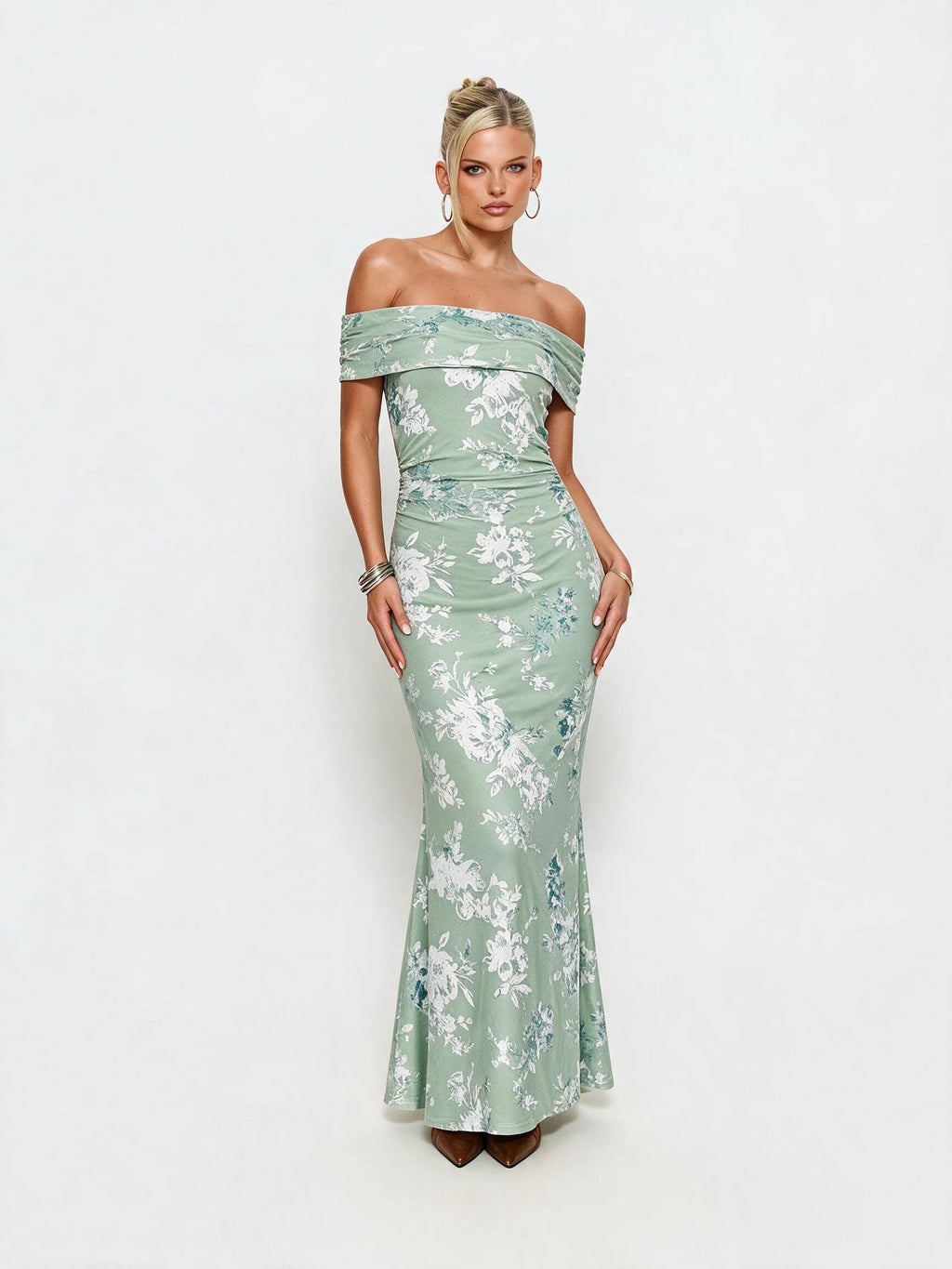 Abito lungo da donna a spalle scoperte con stampa floreale, elegante abito a sirena arricciato, abito aderente estivo da sera per feste, per signore.