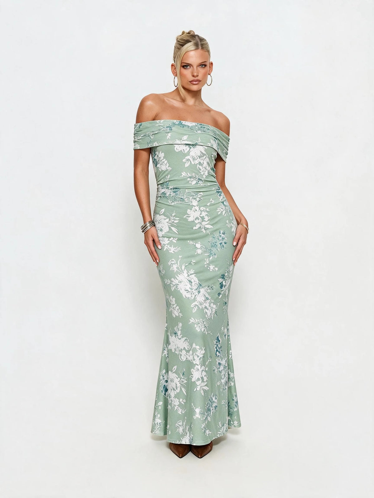 Abito lungo da donna a spalle scoperte con stampa floreale, elegante abito a sirena arricciato, abito aderente estivo da sera per feste, per signore.