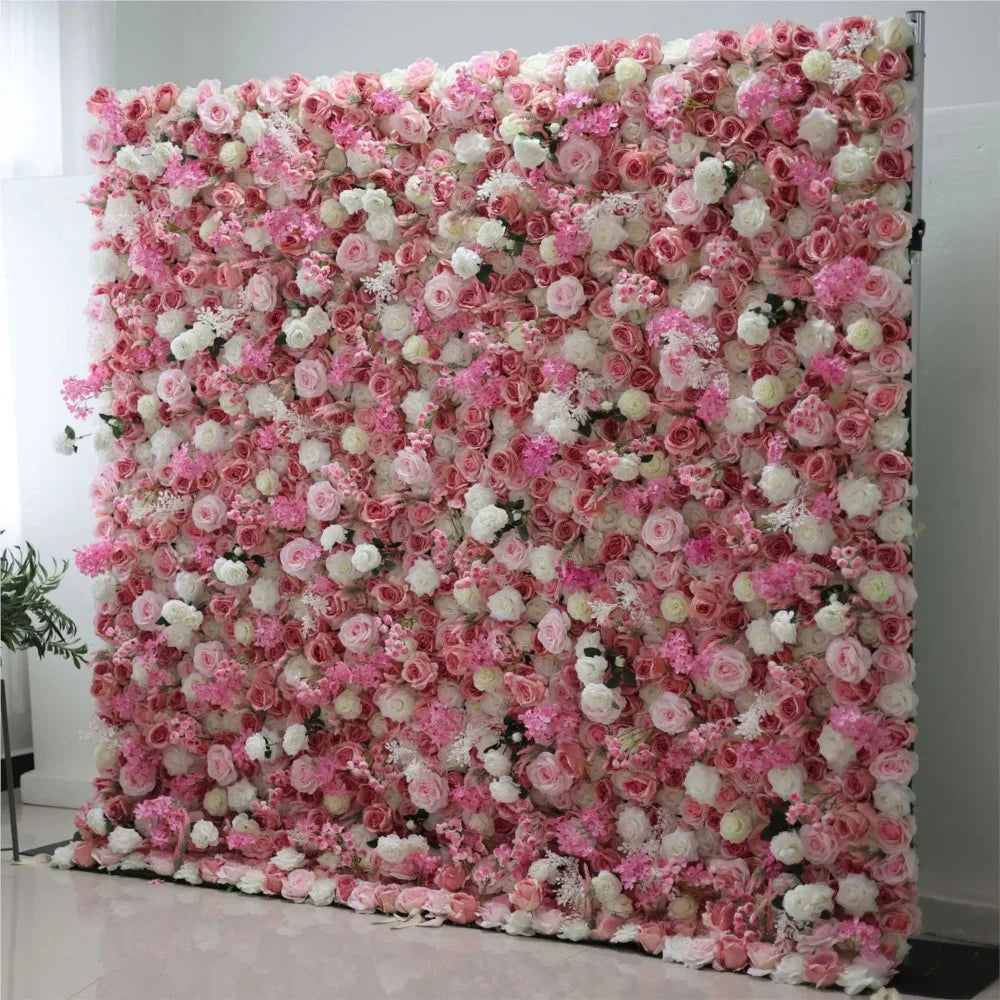 Uflower Custom Deluxe 3D Pink White Roses Artificial Flower Wall Outdoor Wedding Background Decoration Birthday Event Stage