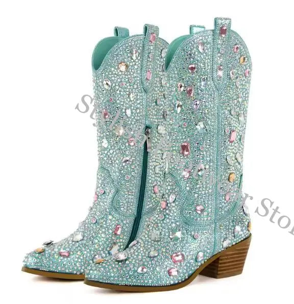 Stivaletti da Donna Stile Western con Strass e Gemme, Punta Rotonda, Neri e Blu, Stivali alla Moda con Cristalli