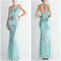 Abito da sera lungo nero semplice con paillettes, modello a sirena, spalline sottili, scollo a V, senza schienale, elegante per feste