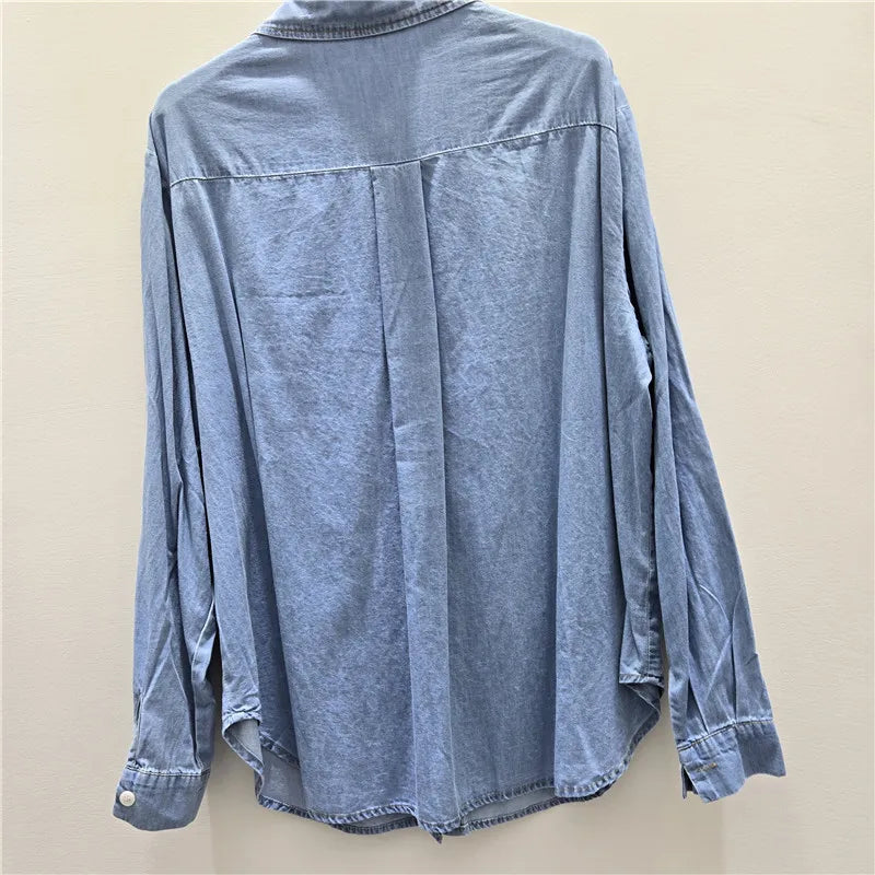 Camicia in denim elegante con paillettes e patchwork in rete, nuovo stile 2026 da donna, design con perline, maniche lunghe, streetwear, blusa ampia con risvolto