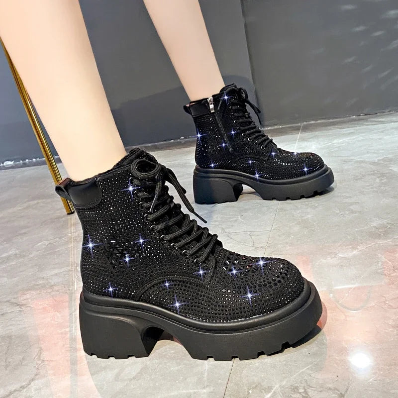 Stivaletti corti con diamanti con paillettes Donna Autunno Inverno Moda di lusso Stivali alti con tacco spesso Stivali stringati Scarpe casual da festa all'aperto