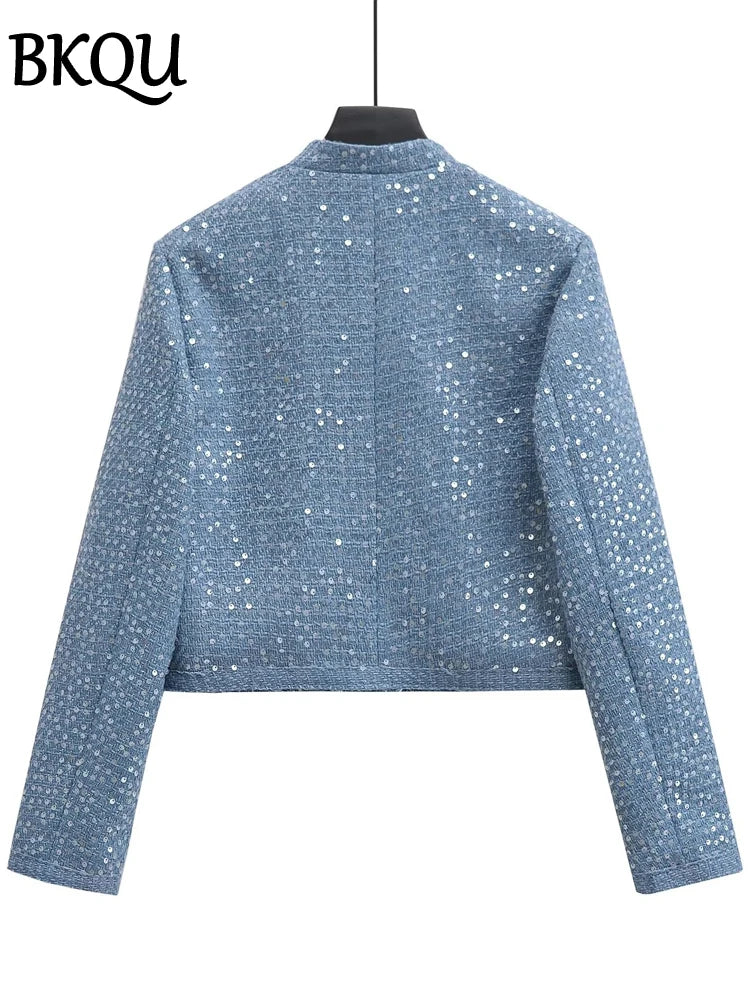 BKQU eleganti giubbotti Bomber con paillettes moda donna maniche lunghe o-collo cappotti corti 2024 autunno inverno donna capispalla High Street