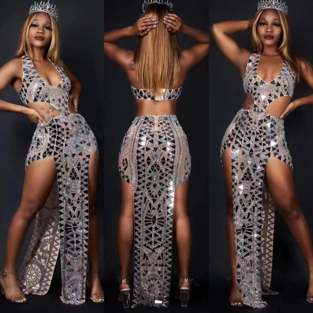 Abito Lungo con Spacco Alto e Scollo a V con Strass Argentati, Vestito da Palcoscenico per Compleanno e Ballo, Abito con Paillettes per Cantante e Modello, Costume Sexy
