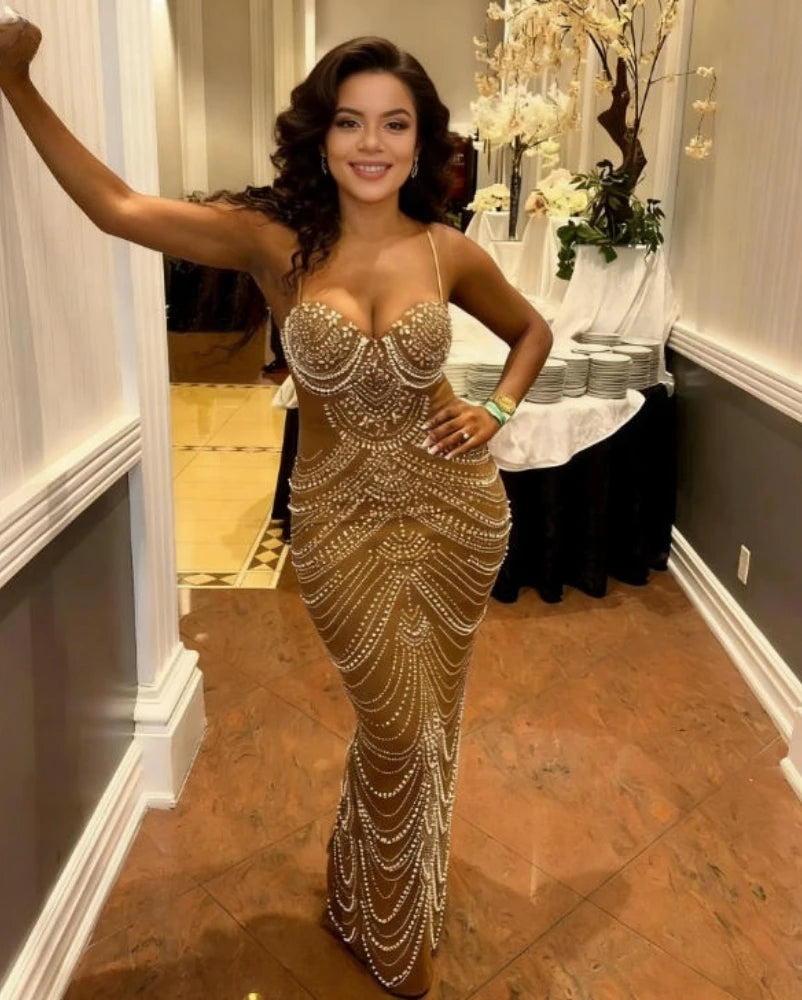 Nuovo Abito di Lusso con Cristalli Scintillanti e Perle, Vestito Marrone da Celebrità con Spalline per Feste Serali, Compleanni, Balli di Gala e Matrimoni