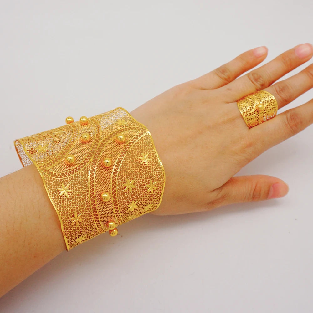 Bracciale color oro Dubai con anello per donna Bracciale con polsino a catena con ciondoli Bracciale indiano Arabo Francia Regali di gioielli da sposa