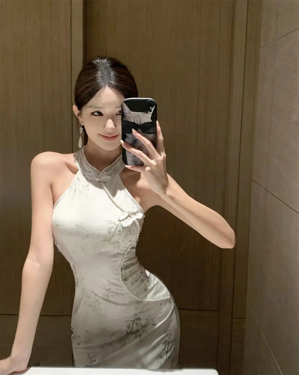 Abito lungo a vita alta senza maniche, stile retrò, con perline, modello cheongsam migliorato, aderente e snellente, per il tempo libero e il commuting.