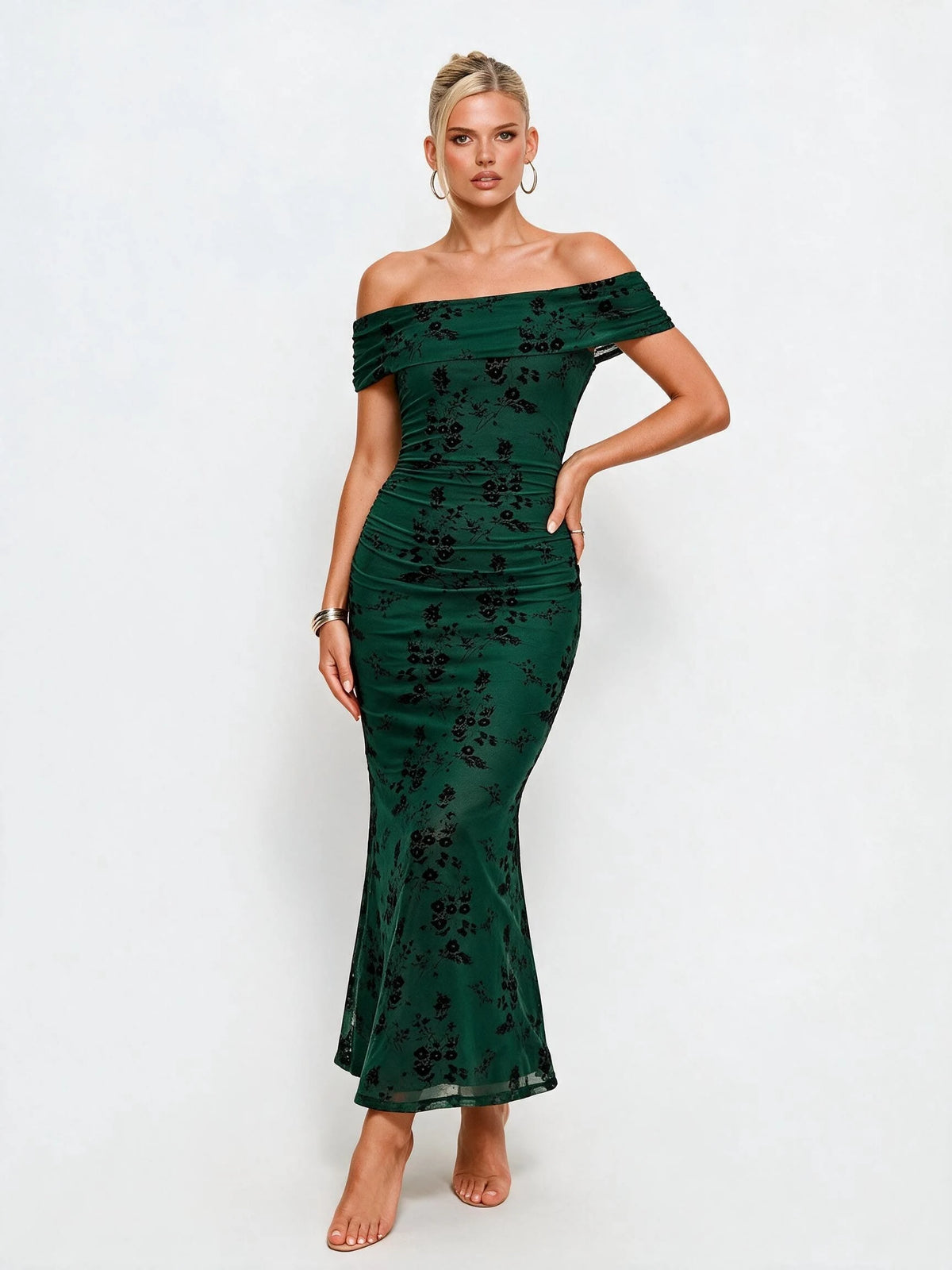 Abito lungo da donna a spalle scoperte con stampa floreale, elegante abito a sirena arricciato, abito aderente estivo da sera per feste, per signore.