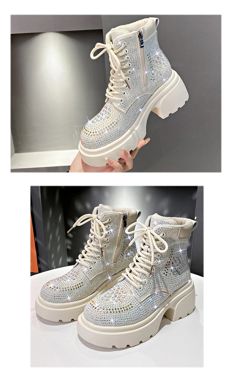 Stivaletti corti con diamanti con paillettes Donna Autunno Inverno Moda di lusso Stivali alti con tacco spesso Stivali stringati Scarpe casual da festa all'aperto