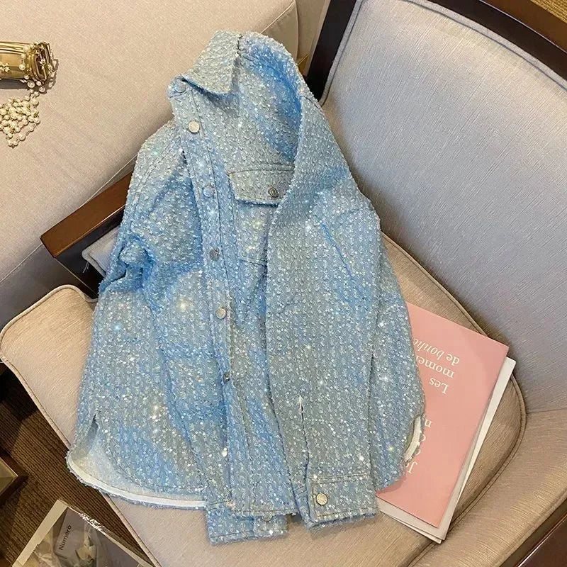 2024 primavera autunno nuovo cappotto donna industria pesante giacca blu femminile amanti della strada moda allentata tasca top camicia giacche