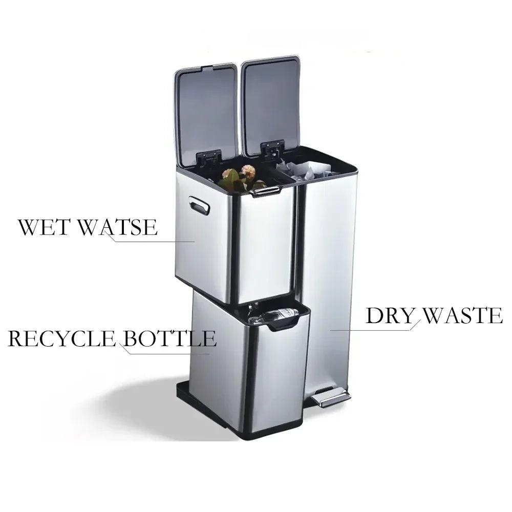 60L Triple Compartment Stainless Steel Recycling Bin with Pedal Press Button on Top Kitchen Trash Bin Recycle Bin