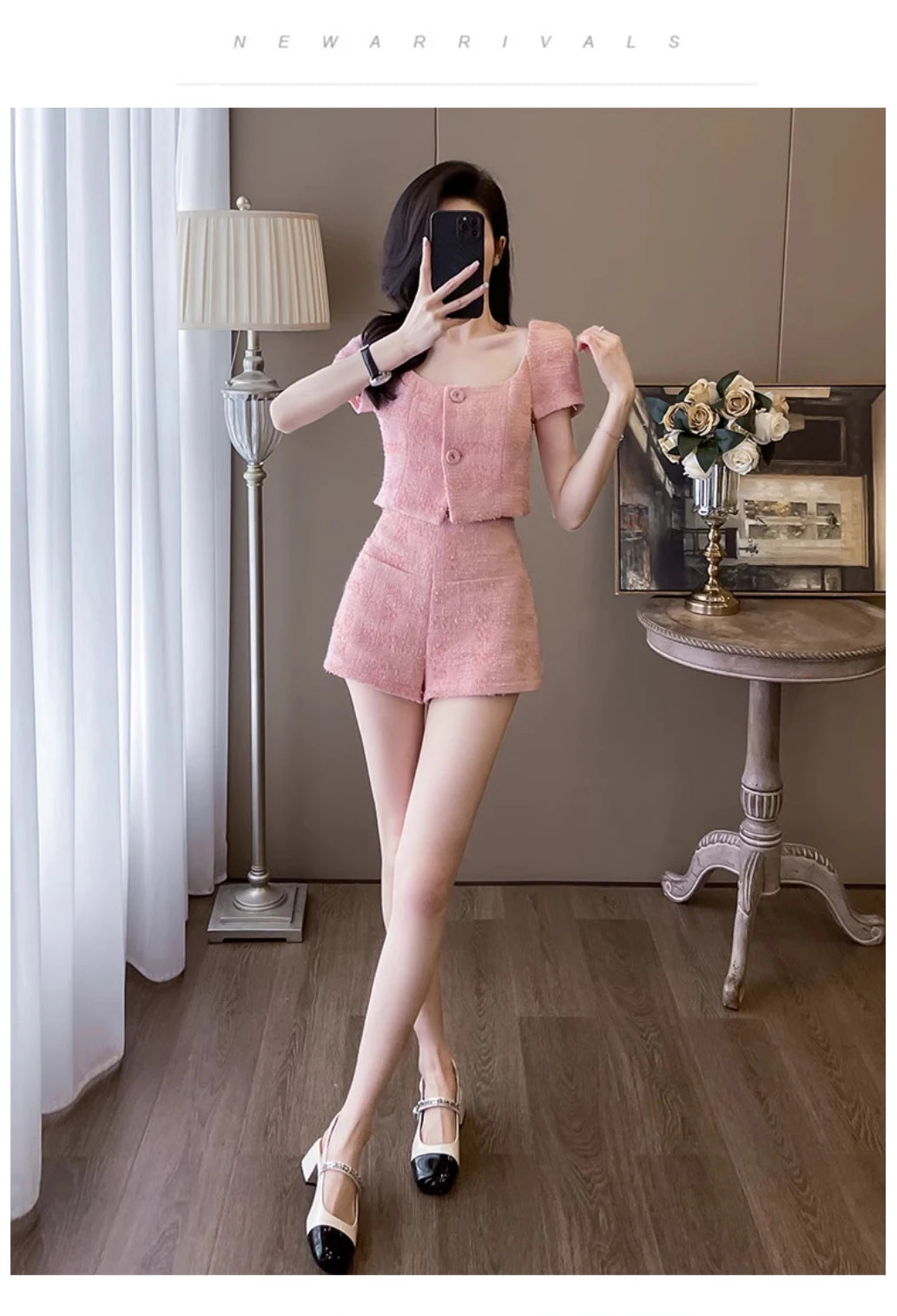 Camicia corta da donna con colletto quadrato in tweed grossolano stile street Pantaloncini slim coreani a vita alta Estate dolce rosa alla moda Due pezzi