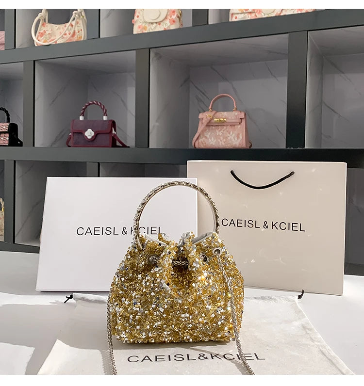 Borsa a mano da donna di lusso in metallo con paillettes scintillanti, pochette da sera, borsa a secchiello per feste di matrimonio, borsa a tracolla messenger