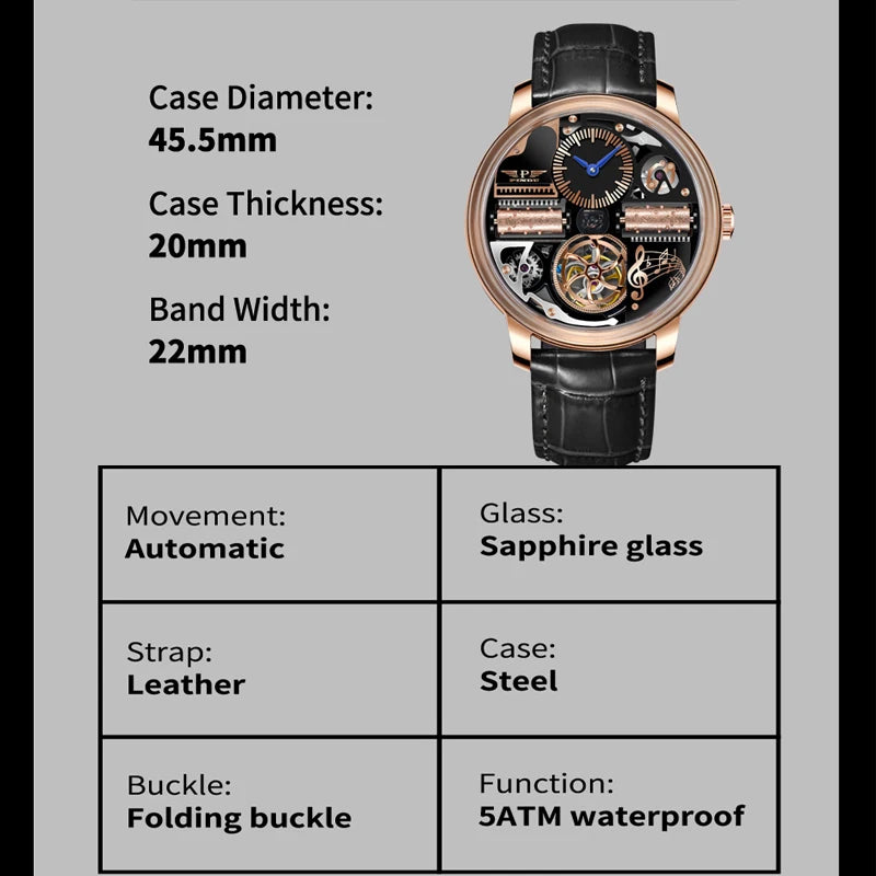 PINDU Design Nuovo Orologio Meccanico di Lusso da Uomo in Acciaio Inossidabile con Vetro Zaffiro Movimento M2791B Impermeabile 50M Automatico