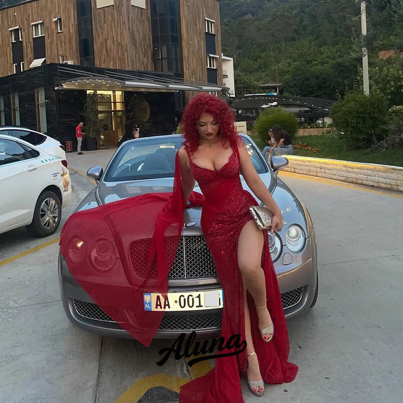 Abito da sera Aluna personalizzato 2026 rosso lucido a sirena con paillettes, scollo a cuore e spacco alto - Vestidos Robes De Soiree