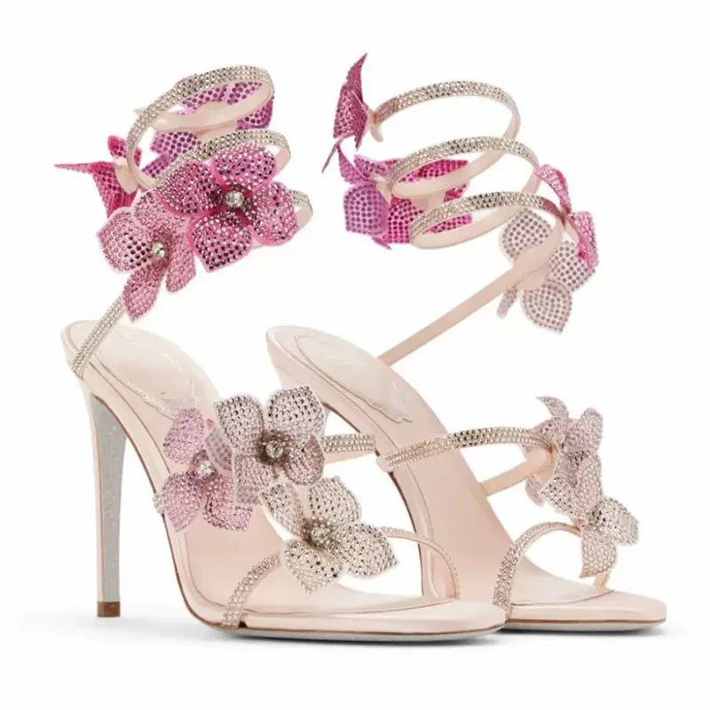 Strass di lusso Fiori Sandali gladiatore da donna Sexy Spago serpente Cinturino alla caviglia Tacchi alti Scarpe da ballo estive da sposa Sandali