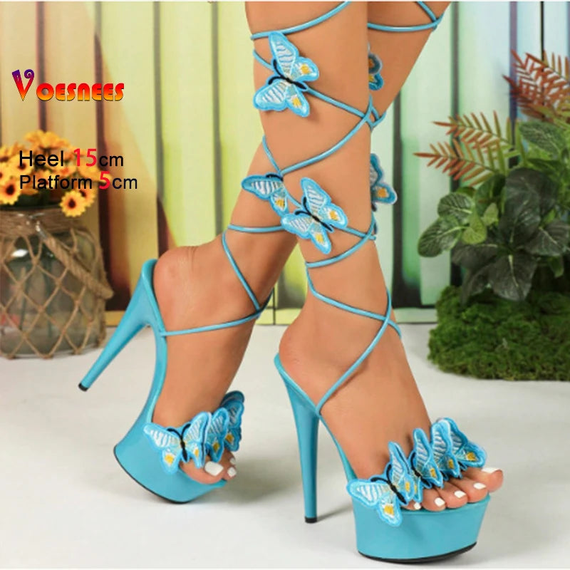 Sandali con plateau alla moda 15CM Tacchi alti Scarpe con cinturino alla caviglia a farfalla per le donne 2025 Sandali da ballo con tacco sottile estivo con lacci