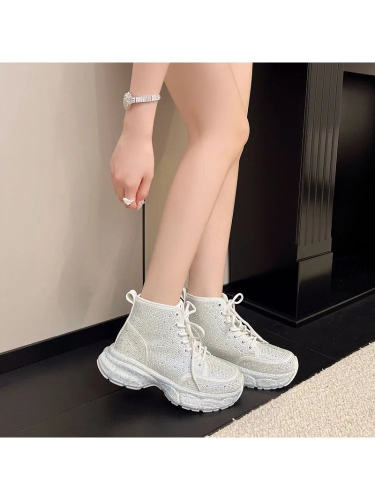Stivali da donna con strass di lusso di marca originale Primavera High Top Blingbling Platform Sneakers Stivali da moto di moda Scarpe da papà