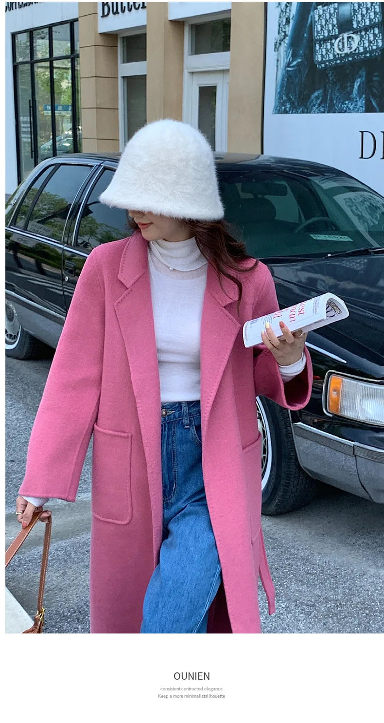 2024 Donne di Inverno di Lusso Fatti A Mano Cappotti di Lana Double Face 100% X-Lunghi Cappotti di Design Coreano Delle Donne Della Tuta Sportiva Cappotti Rosa
