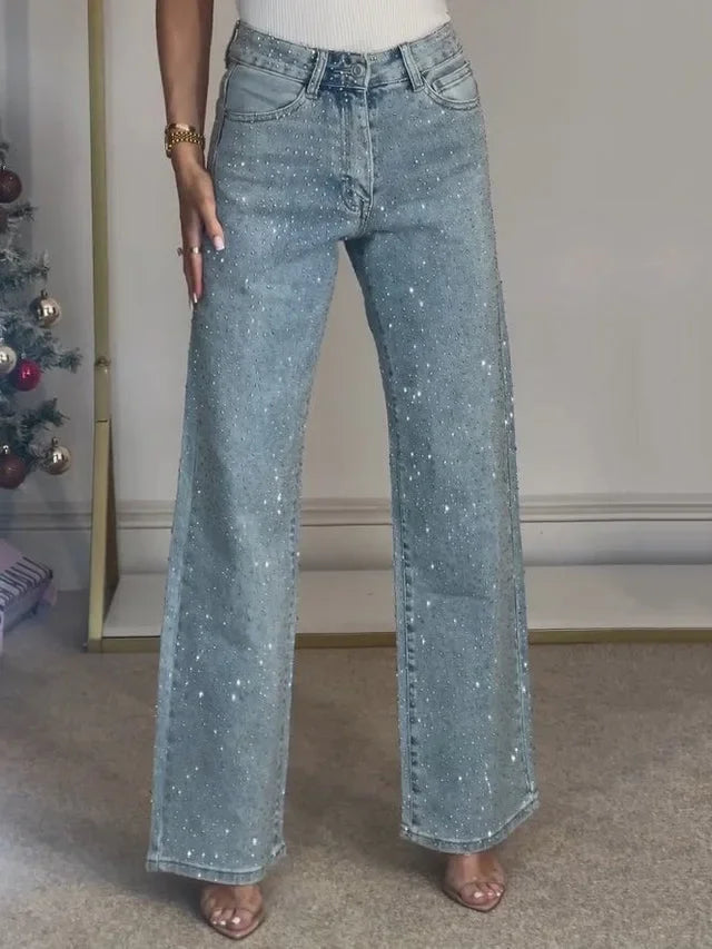 Jeans da donna Pantaloni dritti con diamanti Jeans elasticizzati a vita alta lavati per mamma Jeans vintage Streetwear Pantaloni streetwear Y2k