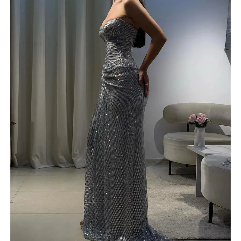 Abiti da Festa Personalizzati EVS, Abiti da Sera a Sirena Senza Spalline 2026, Abiti da Cerimonia Senza Maniche con Paillettes, Eleganti con Spacco Laterale Alto