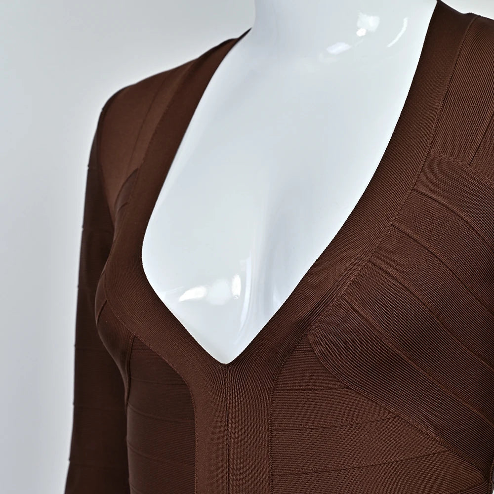 BEAUKEY Abito da Sera Sexy Mini con Scollo a V Profondo e Maniche Lunghe Beige, Vestito da Festa con Fasce, Abito da Clubwear Lungo Stile Runway