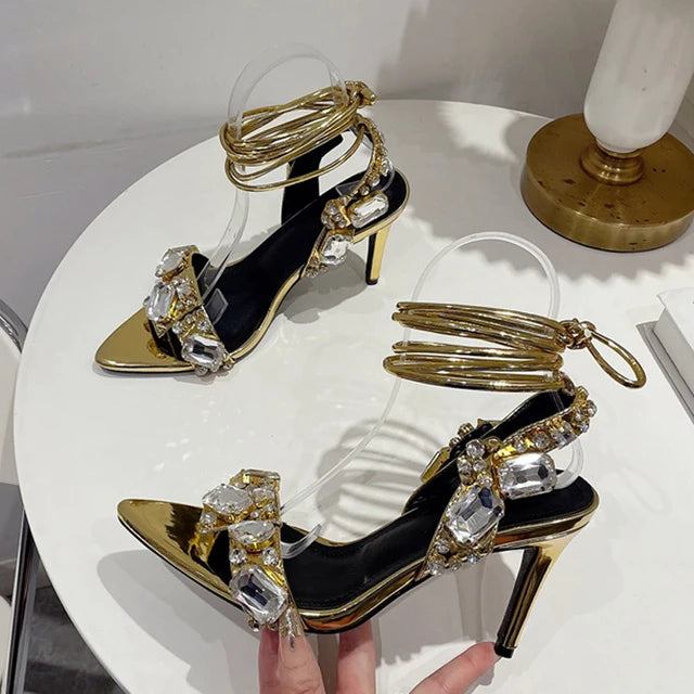 Scarpe da Donna Sexy con Cinturino alla Caviglia, Sandali Dorati per Feste e Discoteche, Tacchi da Spogliarellista, Scarpe da Sposa di Alta Qualità con Cristalli e Diamanti