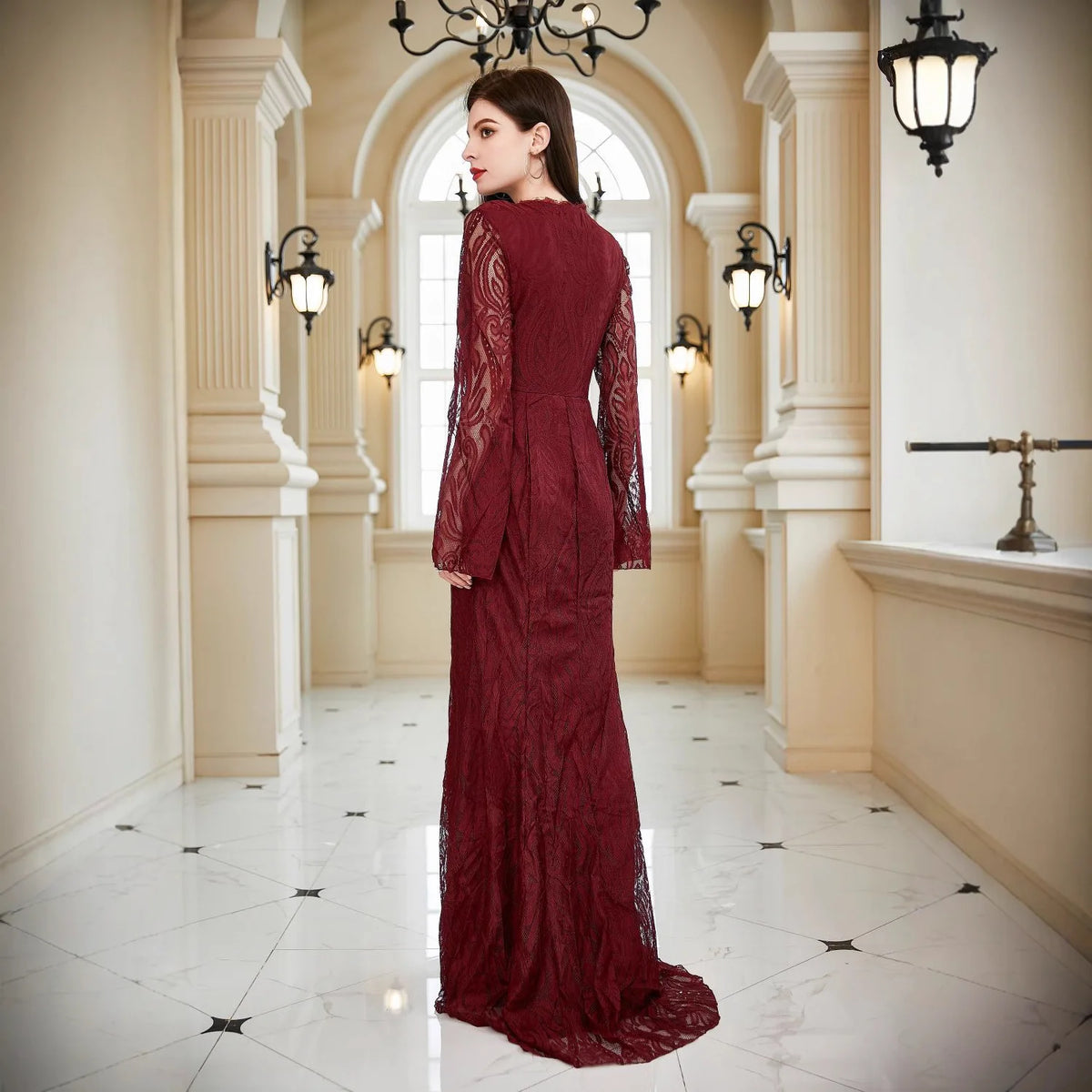 Abito in Pizzo da Donna Primavera Estate, Vestito da Damigella d'Onore, Abito da Sera per Ospiti di Matrimonio, Manica Lunga, Scollo a V, Aderente, Bordeaux